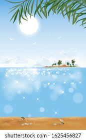 Vertical Tropical seascape of blue ocean and coconut palm tree on island,  Sea beach and sand with blue sky, Vector illustration flat style nature of landscape seaside for Summer holiday