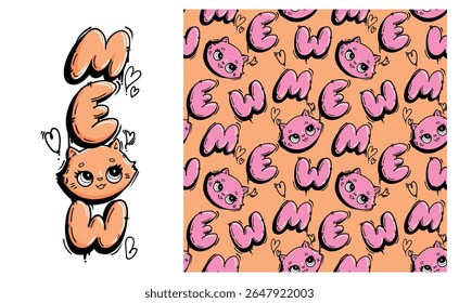 Impressão de t-shirt vertical e padrão sem costura com a palavra "MEOW", bonito rosto de gato rosa como a letra. Ornamento de grafite estilo bolha desenhado à mão para crianças têxtil, papel de embrulho