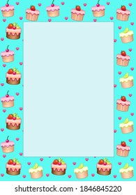 Vertical Turquoise Frame Cupcakes Hearts Vector Stock Vector (Royalty ...