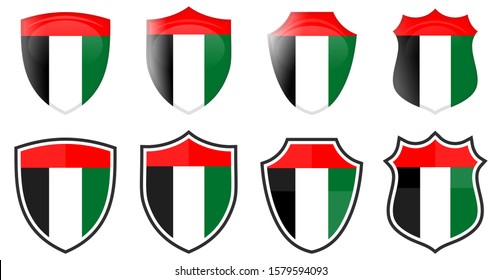 Vertical UAE flag in shield shape, four 3d and simple versions. United Arab Emirates icon / sign