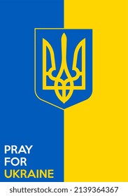 Vertical Ukrainian flag and coat of arms of Ukraine. Yellow blue flag of Ukraine with trident. Vector illustration.