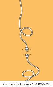 Vertical unplugged electrical socket plug doodle, hand drawn doodle illustration of electrical cables not connected to each other