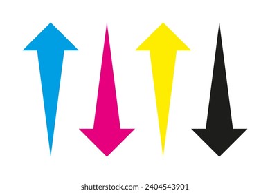 Vertical up-down CMYK bursting arrows. A group of colourful direction symbols. Isolated on a white background.
