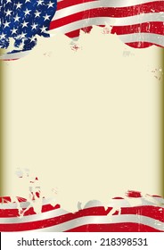 Vertical USA flag background.  A poster with a large scratched frame and a Grunge USA flag for your advertising.