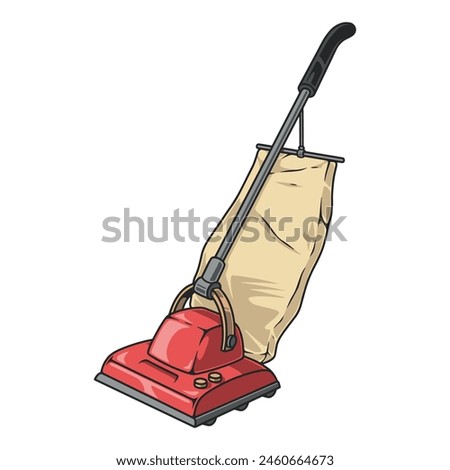 Vertical vacuum cleaner vintage label colorful with electric cleaning equipment with big bag in retro style vector illustration