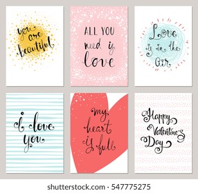 Vertical Valentine's Cards with typographic design collection. Vector illustration.