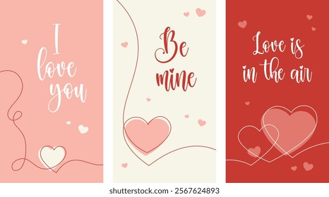 Vertical Valentine's day backgrounds with lettering and hearts in continues one line drawing style. Vertical social media banner, love concept for stories, reels, flyer advertisement sale design