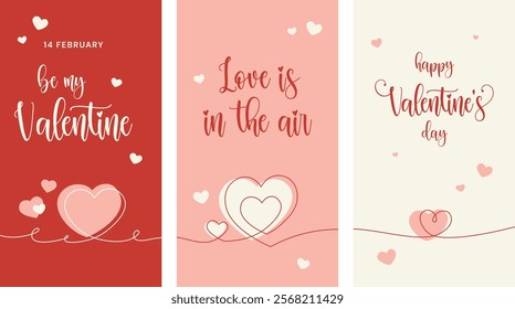 Vertical Valentine's day backgrounds with lettering and hearts in continues one line drawing style. Vertical social media banner, love concept for stories, reels, flyer advertisement sale design