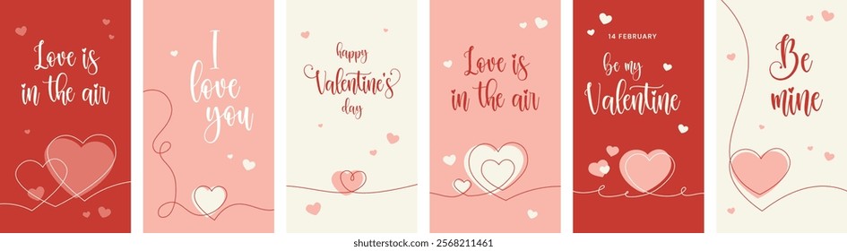 Vertical Valentine's day backgrounds with lettering and hearts in continues one line drawing style. Vertical social media banner, love concept for stories, reels, flyer advertisement sale design