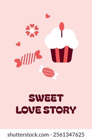 Vertical Valentine's Day greeting card, romantic social media banner, love-themed postcard, elegant promo design. Hand drawn cute illustrations. Cupcake, candy, floral hearts