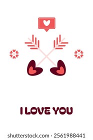 Vertical Valentine's Day greeting card, romantic social media banner, love-themed postcard, elegant promo design. Hand drawn cute illustrations. Heart arrows, flowers, social media heart notification