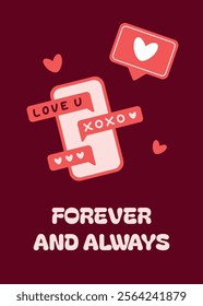 Vertical Valentine's Day greeting card, romantic social media banner, love-themed postcard, elegant promo design. Hand drawn cute illustrations. Text messages, social media heart notification