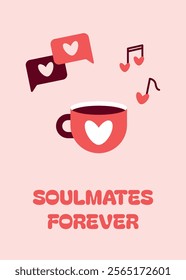 Vertical Valentine's Day greeting card, romantic social media banner, love-themed postcard, elegant promo design. Hand drawn cute illustrations. Coffee cup, music notes, messages