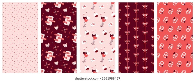 Vertical Valentine's Day love-themed backgrounds, vertical seamless romantic patterns, social media banner for stories, reels, prints, flyers, posters, holiday invitations. Hand drawn illustrations