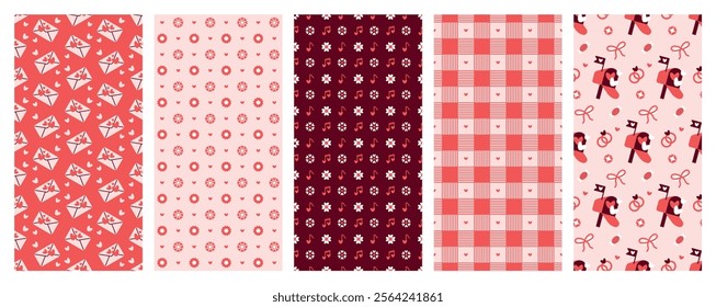 Vertical Valentine's Day love-themed backgrounds, vertical seamless romantic patterns, social media banner for stories, reels, prints, flyers, posters, holiday invitations. Hand drawn illustrations