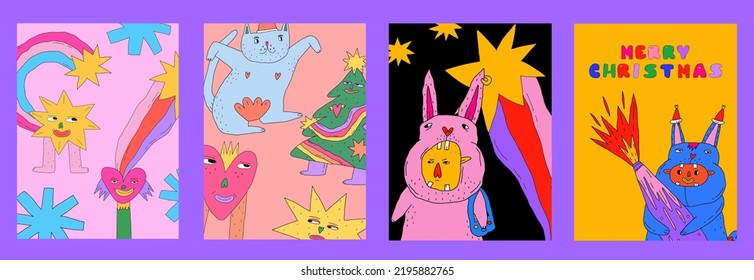 vertical vecto rset of cards for retro christmas and new year.humor party carnival-guy in a rabbit costume with fireworks.Pink bunny,star,rainbow,tree,santa.1970 psychedelic groovy and funky template