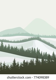 Vertical vector abstract illustration of snowy coniferous forest valley with mountains.