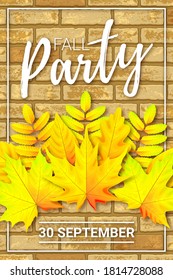 Banner vertical vector otoño con ramo 3d de arce amarillo y otras hojas. Partido de otoño del texto. Fondo de pared de ladrillo.