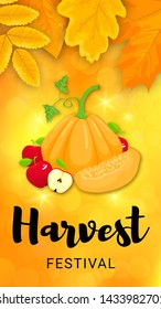 Vertical vector autumn banner with pumpkin and apples with text Harvest Festival. Yellow cartoon leaves on top. Shiny background with bokeh.