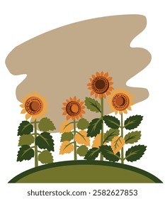 Vertical vector background of blooming sunflower field. Vector illustration of decorative sunflowers for Sunflower Festival or summer seasonal holiday with place for text
