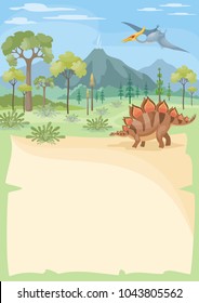 Vertical vector background with the image of a prehistoric landscape and dinosaurs. Colorful illustration in cartoon style.