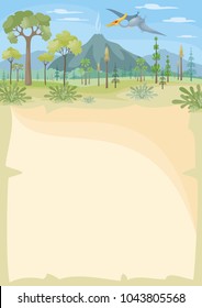 Vertical vector background with the image of a prehistoric landscape and pterosaur. Colorful illustration in cartoon style.