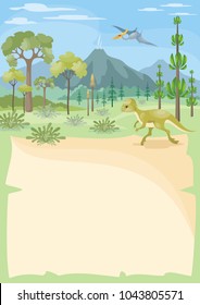 Vertical vector background with the image of a prehistoric landscape and dinosaurs. Colorful illustration in cartoon style.