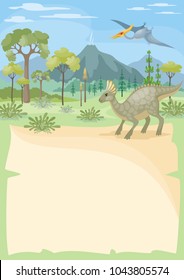 Vertical vector background with the image of a prehistoric landscape and dinosaurs. Colorful illustration in cartoon style.