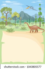 Vertical vector background with the image of a prehistoric landscape and dinosaurs. Colorful illustration in cartoon style.