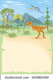 Vertical vector background with the image of a prehistoric landscape and dinosaurs. Colorful illustration in cartoon style.