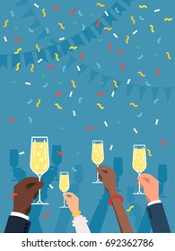 Vertical vector background on party time with diverse raised hands holding champagne glasses, celebrating. International company celebration event. Ideal for web banners and special event flyers