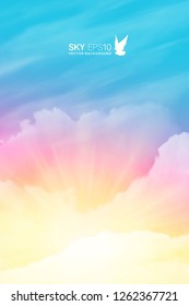 Vertical vector background with realistic pink-blue sky and cumulus clouds. The image can be used to design a banner, flyer and postcard.