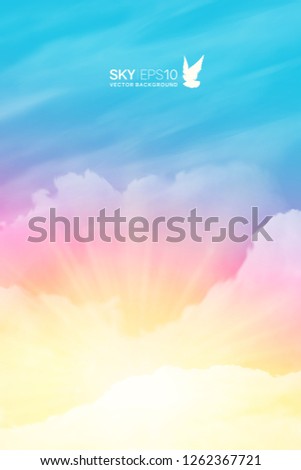 Vertical vector background with realistic pink-blue sky and cumulus clouds. The image can be used to design a banner, flyer and postcard.