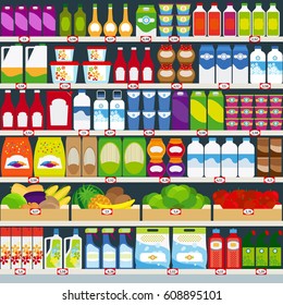 Vertical vector background, store shelves full of groceries. Vector illustration