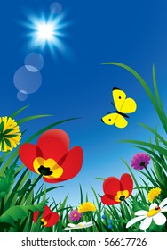 Vertical vector background with wild flowers and sun in the blue sky