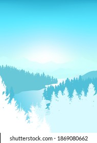 Vertical vector background. Winter morning in beautiful mountains with river. Abstract illustration mountains and dense forest down to the valley in the foreground. Mountain landscape. 