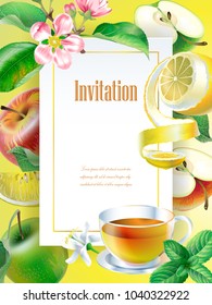 Vertical vector banner with a branch of blossoming apple, cap of herbal tea, apples, lemon and mint. Design for invitations, cosmetics, juice, tea, health products.