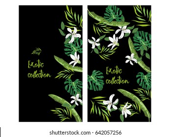 Vertical vector banner of hand drawn palm leaves and flowers. Exotic collection. An idea for design, invitation, save the date card.