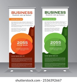 Vertical vector banner template, Roll up banner in orange and green print ready colors