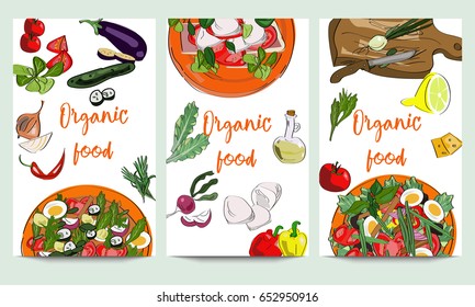 Vertical vector banners of hand drawn food and dishes. Organic food design. Restaurant, pizzeria, cafe menu.