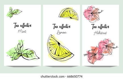 Vertical vector banners of hand drawn tea collection. Mint, hibiscus, lemon. An idea for design, invitation, save the date card.