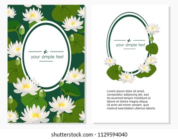 Vertical vector banners with large white lotus flowers and leaves on green background with space for text. Illustrations are suitable for menu design, packages, covers, greeting cards, invitations.