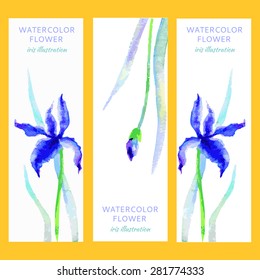 Vertical vector banners with watercolor iris and leaves isolated on white, hand drawn illustration decorative frame for design card, invitation, beauty salon, cosmetic template, florist shop, printing