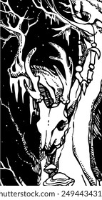 

Vertical vector black and white drawing with a deer skull on an old branchy tree. Black and white vector graphics.