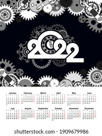 vertical vector calendar 2022 in english, mechanical gears in steampunk style, iron parts, pistons, illustration