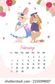 Vertical vector calendar for February 2023 with rabbit couple. The year of the rabbit, bunny symbol of 2023. Week starts on Sunday