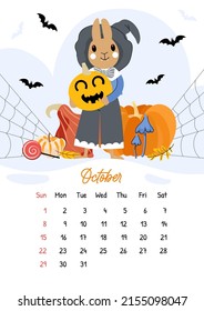 Vertical vector calendar for October 2023 with cute rabbit hold pumpkin. The year of the rabbit, bunny symbol of 2023. Week starts on Sunday