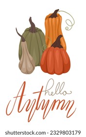 Tarjeta vectorial vertical con calabazas y letras. Cita hola otoño. Pancarta de otoño con verduras e inscripción caligráfica.