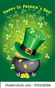 Vertical vector card for St. Patrick's Day. On a gradient background with shamrocks, pot of coins and hat leprechaun