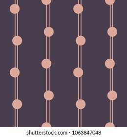 Vertical vector colored pattern with stripes and dots. Cute pink lines and circles on purple background.